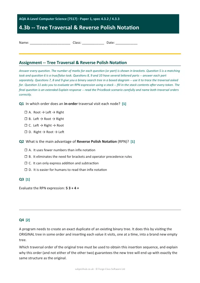 Page 1 of the Tree Traversal & Reverse Polish Notation preview