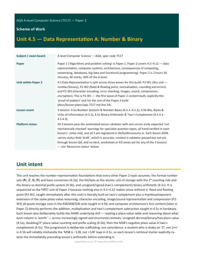 Page 1 of the Data Representation A - Number & Binary preview