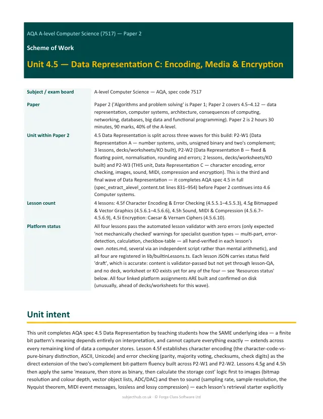 Page 1 of the Data Representation C - Encoding, Media & Encryption preview