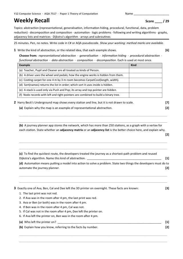 Page 1 of the Weekly Recall 4.4 Theory of Computation preview