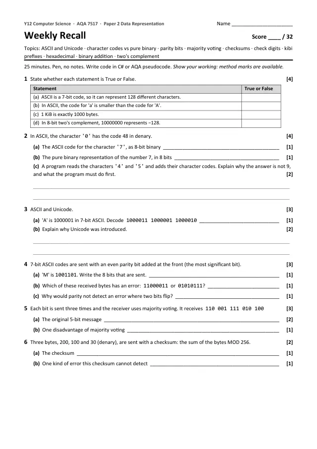 Page 1 of the Weekly Recall 4.5 Data Representation preview