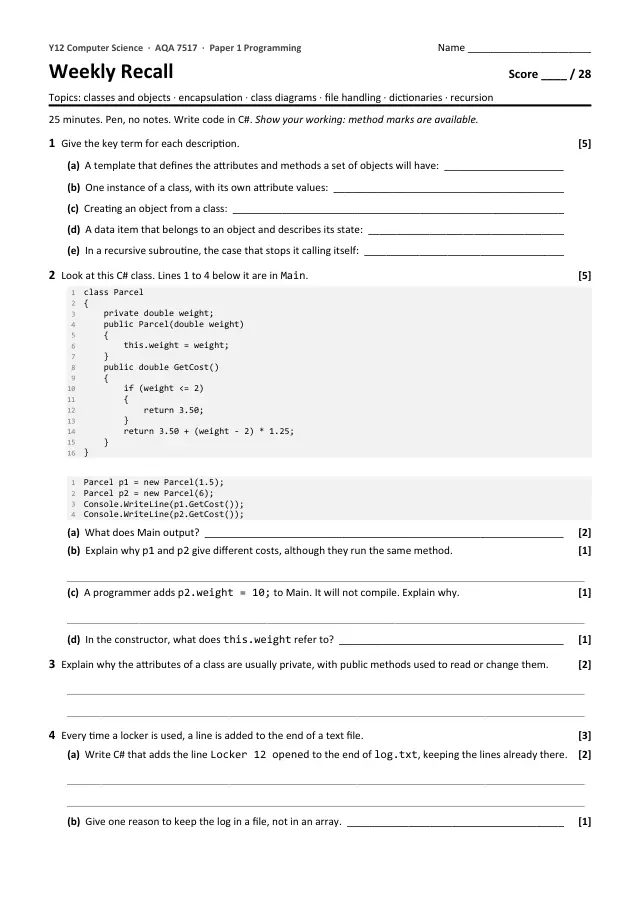 Page 1 of the Weekly recall: Classes and objects preview