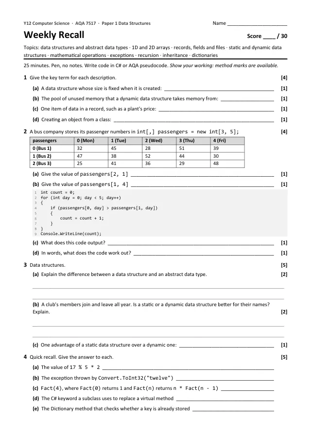 Page 1 of the Weekly Recall 4.2 Data Structures preview