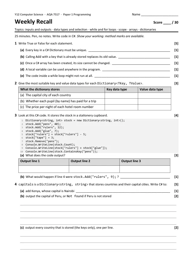 Page 1 of the Weekly recall: Dictionaries preview