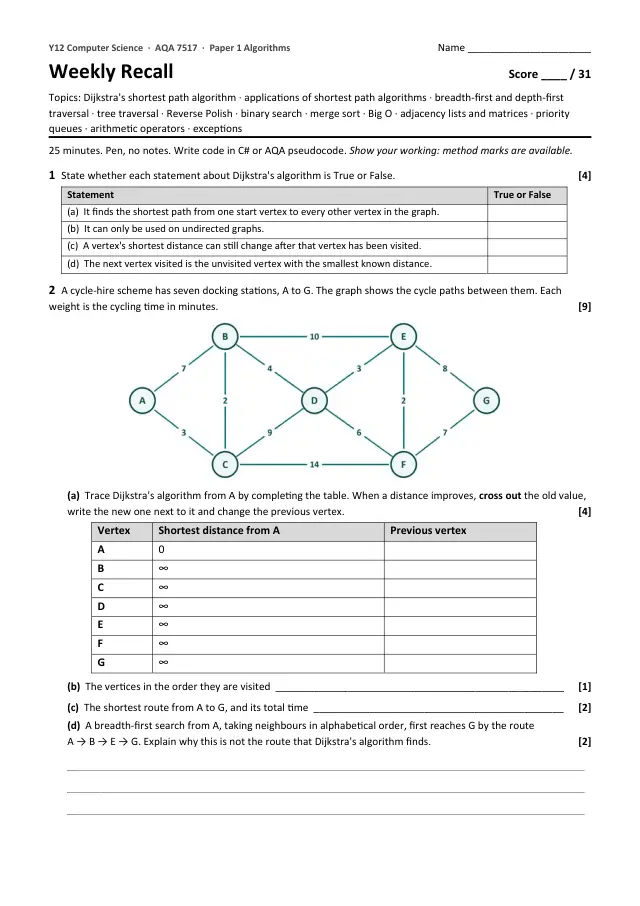 Page 1 of the Weekly Recall 4.3 Algorithms preview