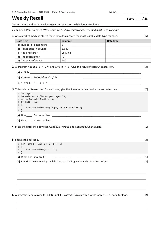 Page 1 of the Weekly recall: For loops preview