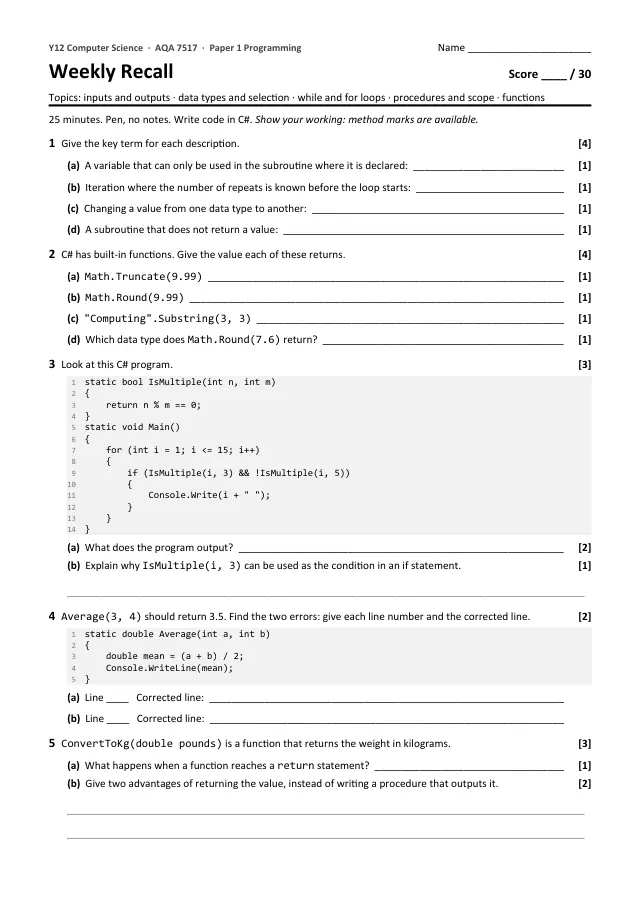 Page 1 of the Weekly recall: Functions preview