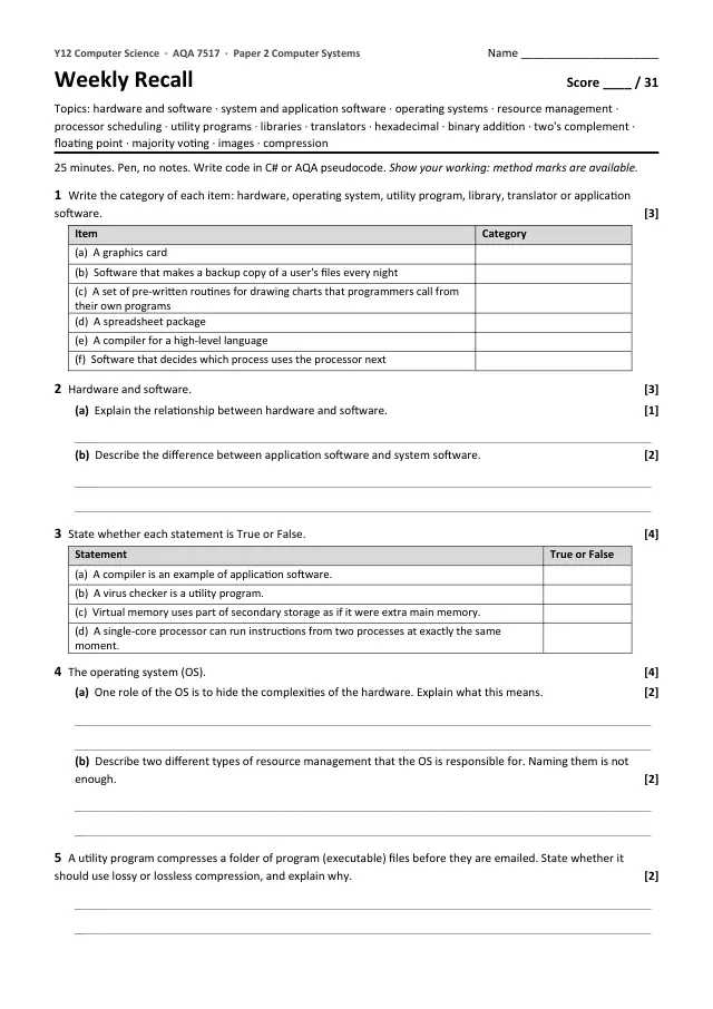Page 1 of the Weekly Recall 4.6 Computer Systems: the whole unit preview