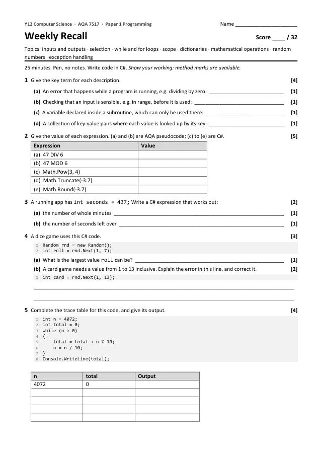 Page 1 of the Weekly recall: Mathematical operations preview