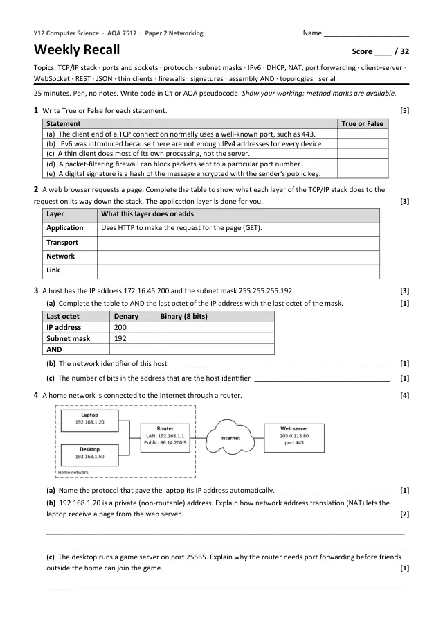 Page 1 of the Weekly recall: TCP IP and client server preview