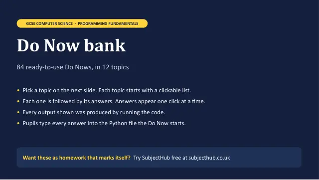 Page 1 of the Do Now bank – 84 programming starters in 12 topics preview