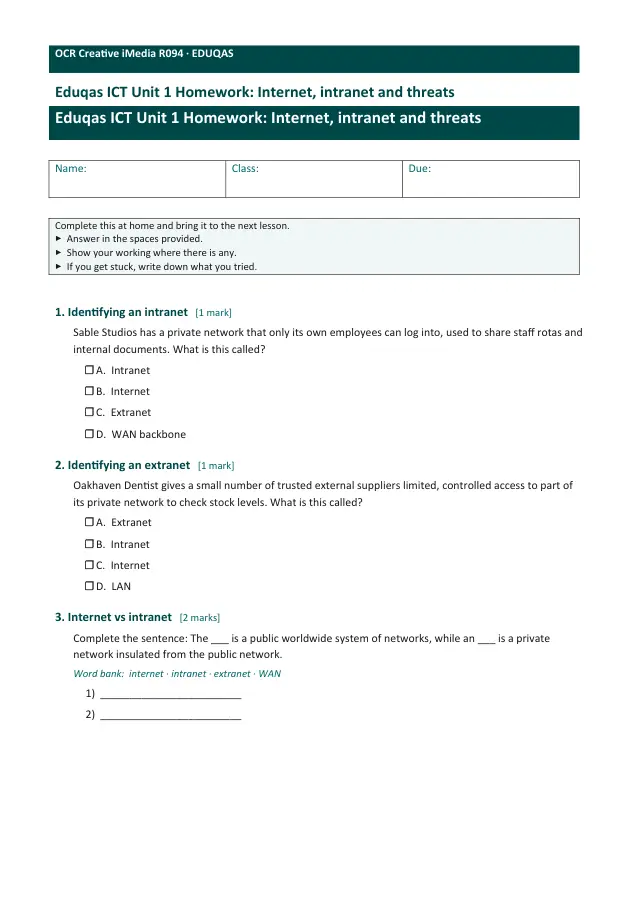 Page 1 of the Internet, intranet and threats preview