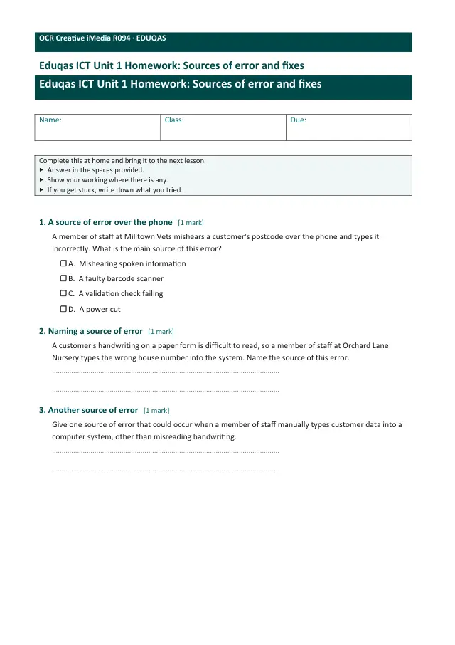 Page 1 of the Sources of error and fixes preview