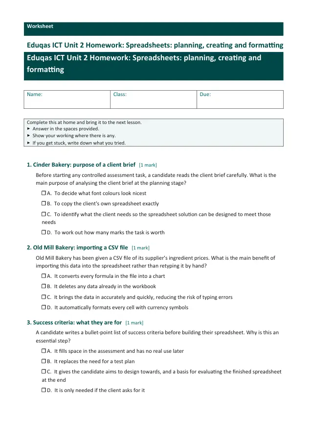 Page 1 of the Spreadsheets - planning, creating and formatting preview