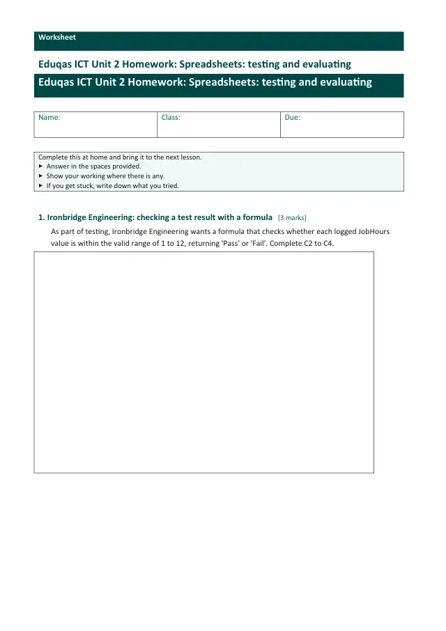 Page 1 of the Spreadsheets - testing and evaluating preview