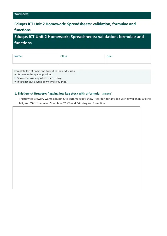 Page 1 of the Spreadsheets - validation, formulae and functions preview