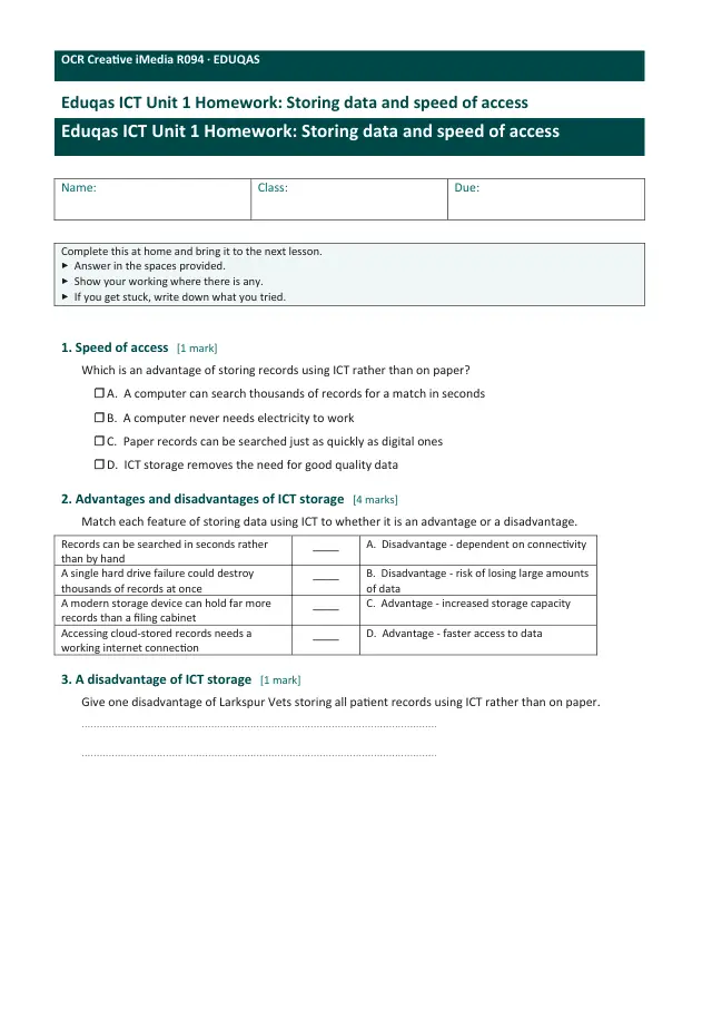 Page 1 of the Storing data and speed of access preview