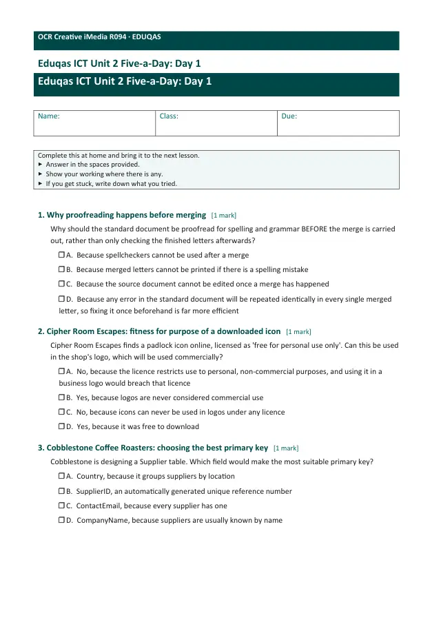 Page 1 of the Unit 2 · Five-a-Day: worksheets preview