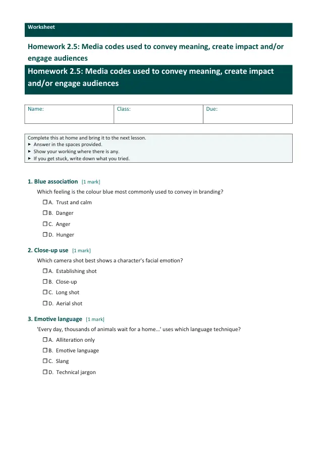 Page 1 of the Media codes used to convey meaning, create impact and-or engage preview