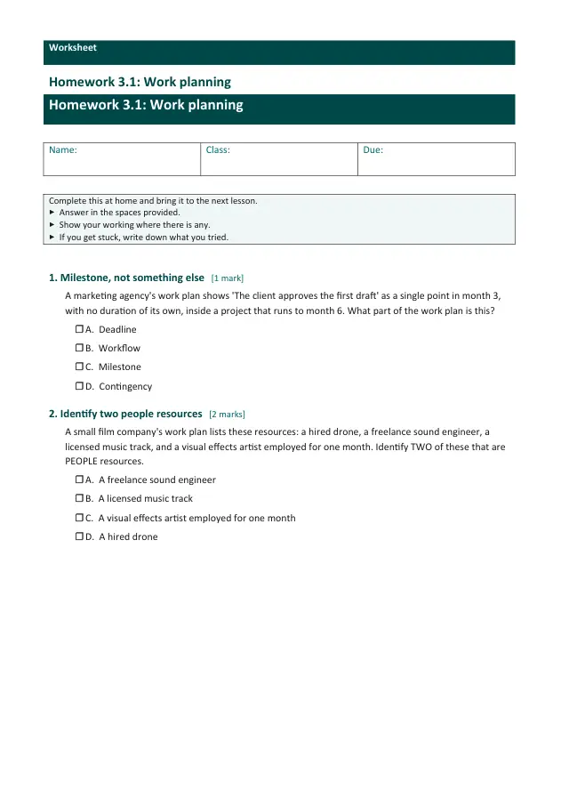 Page 1 of the Work planning preview