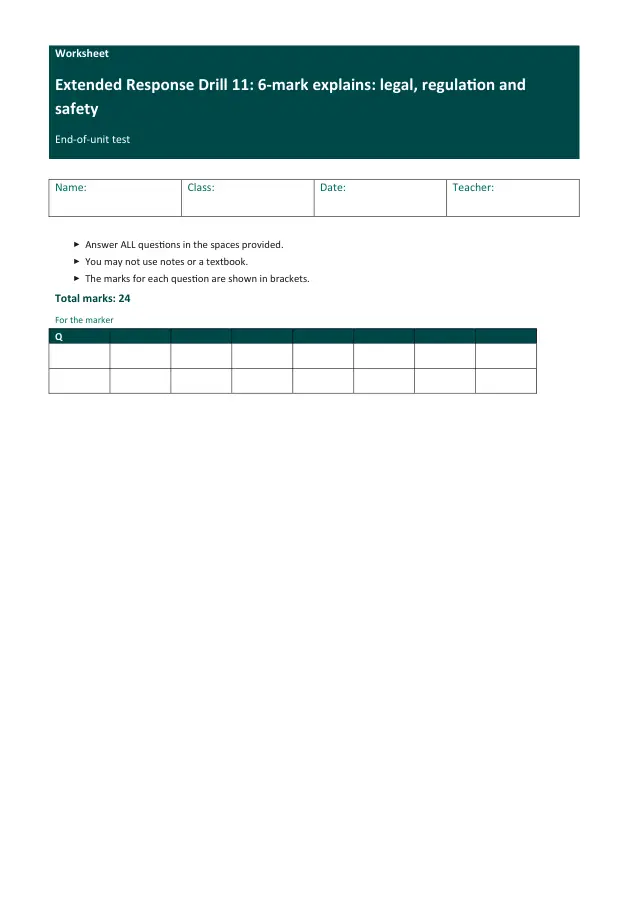 Page 1 of the Extended Response Drill 11 - 6-mark explains - legal, regulation and safety preview