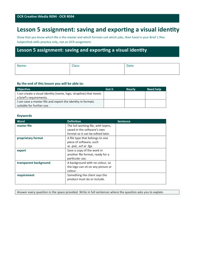 Page 1 of the Identity sprint: make, save and export a visual identity preview