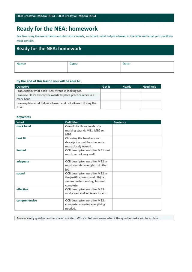 Page 1 of the Ready for the NEA: the criteria, the descriptor words and the rules preview