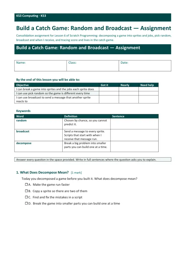 Page 1 of the Build a Catch Game: Random and Broadcast worksheet preview