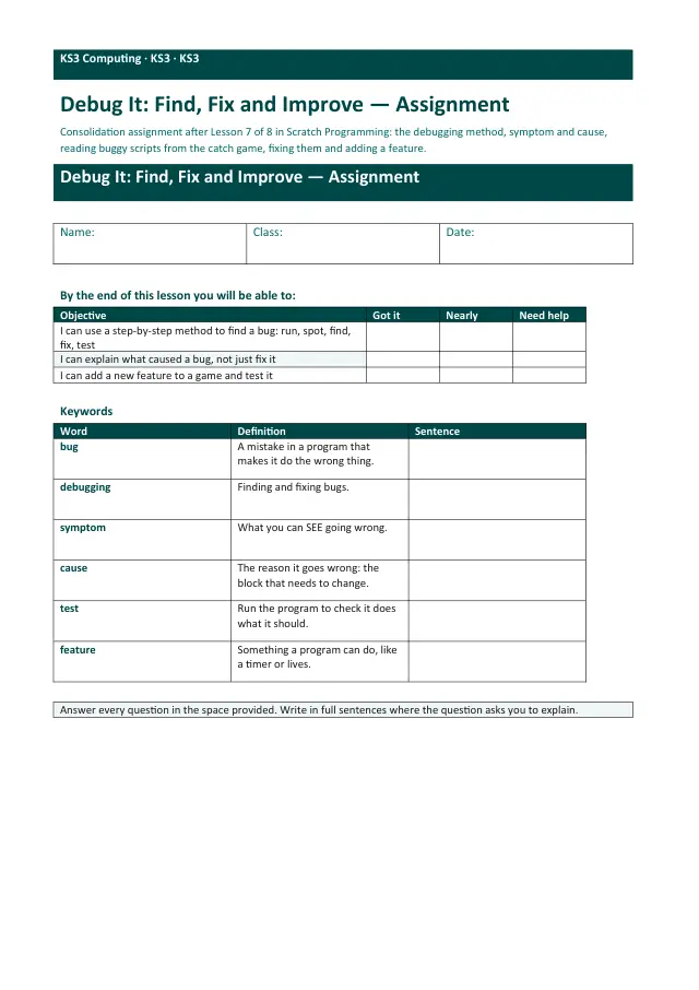 Page 1 of the Debug It: Find, Fix and Improve worksheet preview