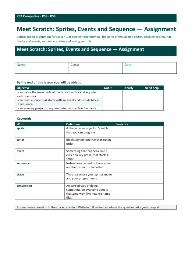 Page 1 of the Meet Scratch: Sprites, Events and Sequence worksheet preview