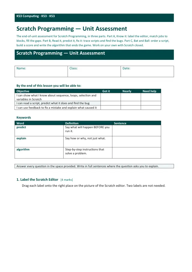 Page 1 of the Scratch Challenge and Showcase worksheet preview