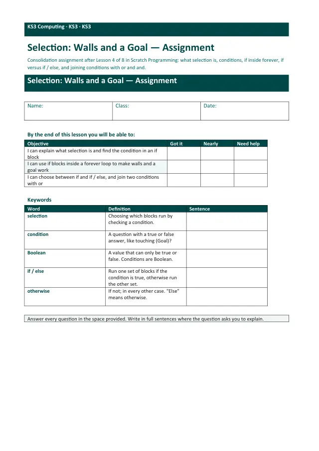 Page 1 of the Selection: Walls and a Goal worksheet preview