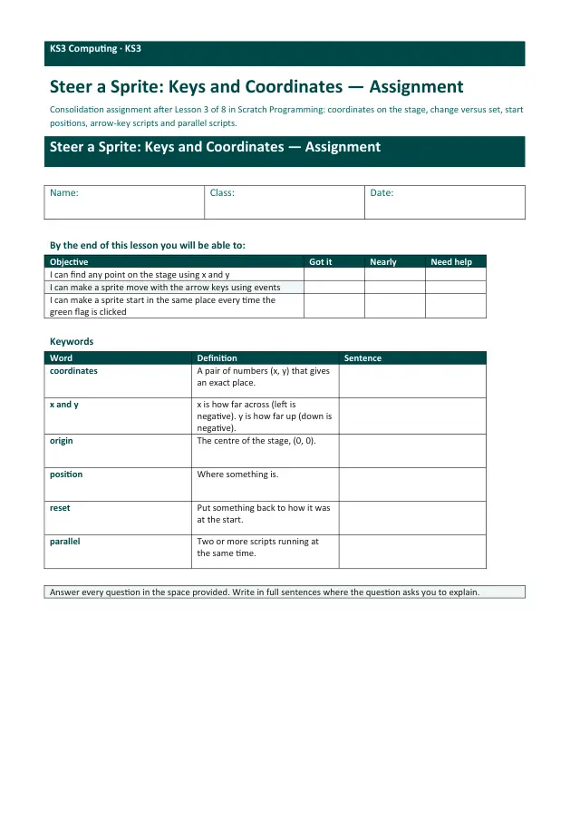Page 1 of the Steer a Sprite: Keys and Coordinates worksheet preview