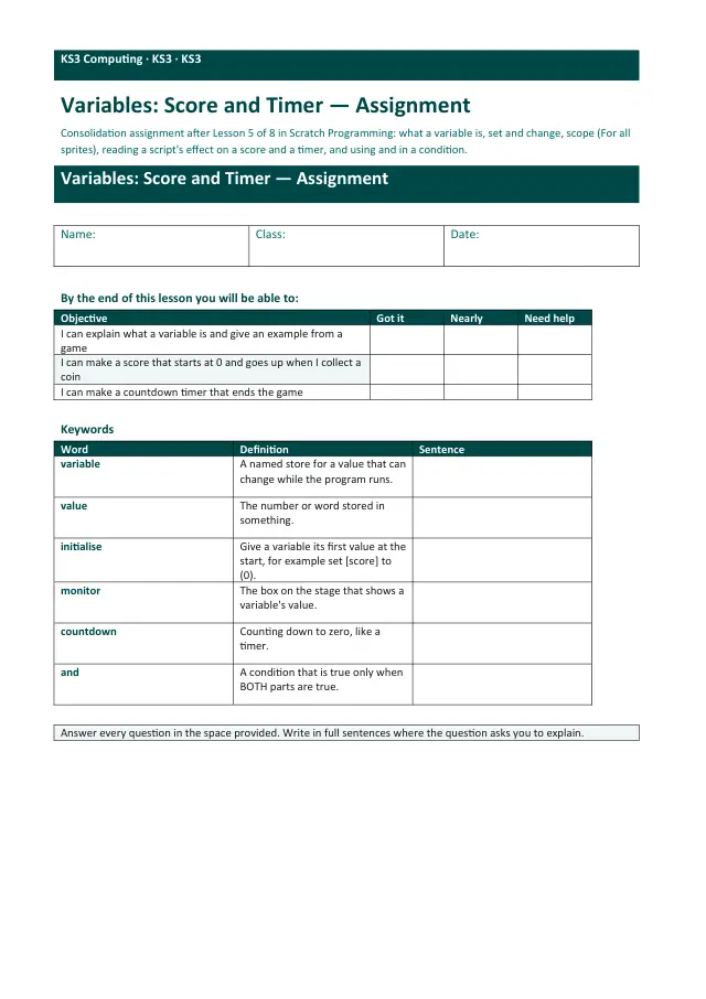Page 1 of the Variables: Score and Timer worksheet preview