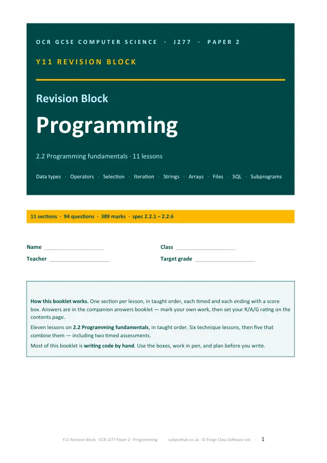 Page 1 of the Year 11 revision · Programming: sheets preview